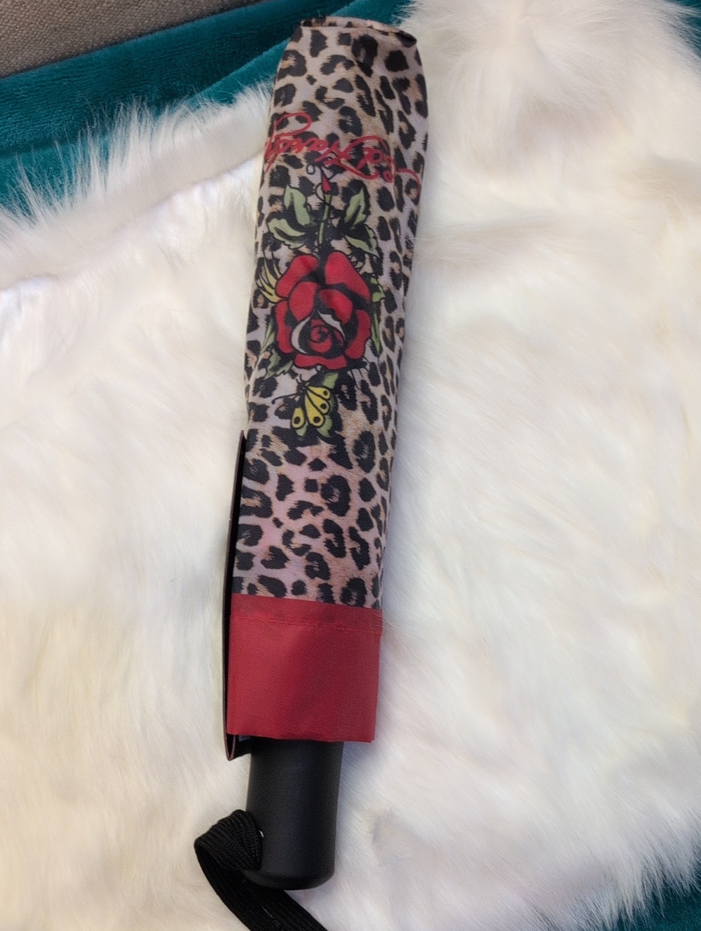 Compact Leopard Print Umbrella with Red Rose Accent By Ed Hardy